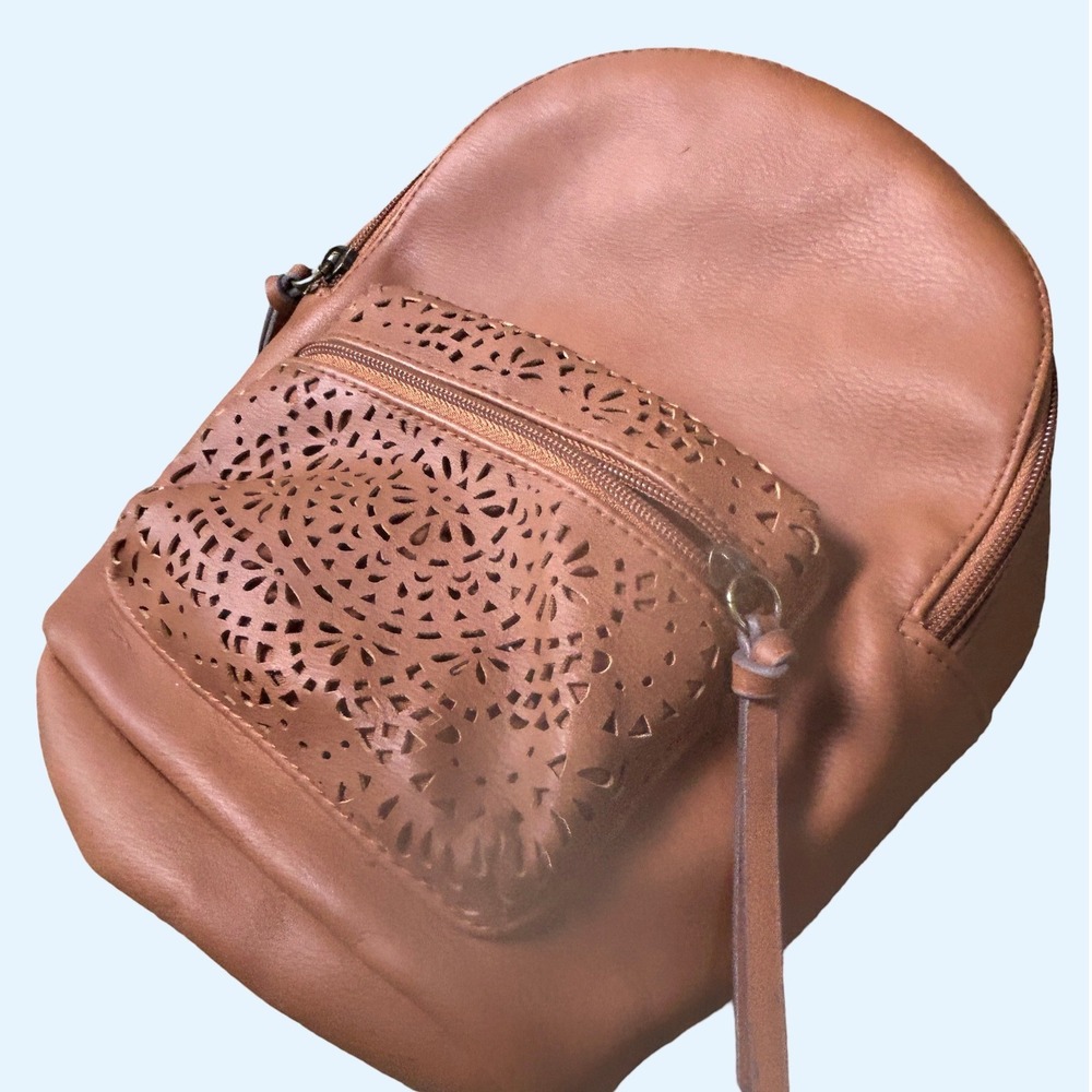 Unbranded Tan Faux Leather Mini Backpack Laser Cut Floral Small Brown